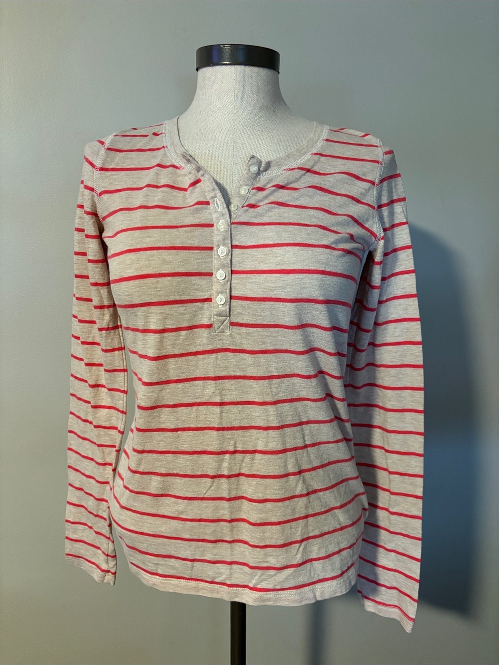 Mossimo Supply Co. Gray and Red Striped Henley Long-Sleeve Top
